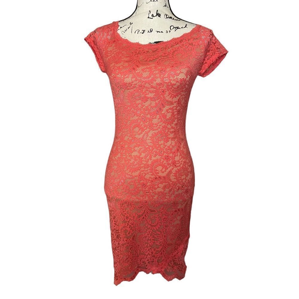 Bisou Bisou Lace Bodycon Dress Womens 2 Coral Excellent Short Sleeve‎ Scoop Neck